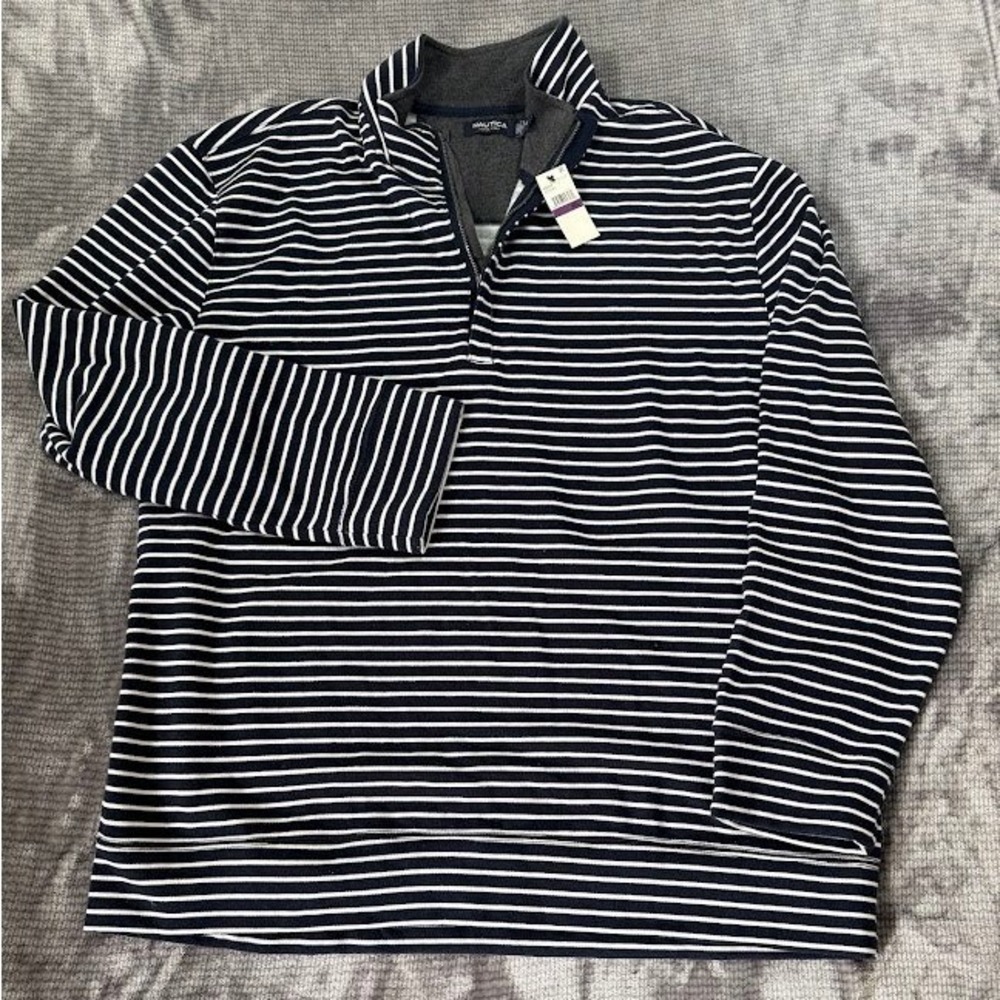 Nautica Mens XXL Quarter Zip Pullover Sweatshirt Navy Blue Striped‎ K53197 NWT